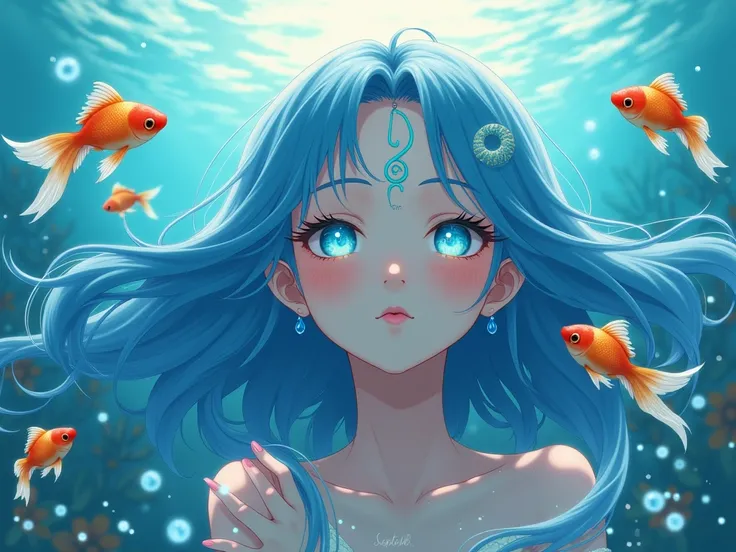 A mysterious underwater goddess with flowing blue hair that seamlessly blends with the surrounding water. Her ethereal face, adorned with glowing cyan eyes and a soft blush on her cheeks, radiates an otherworldly beauty. A crescent-shaped ornament graces h...