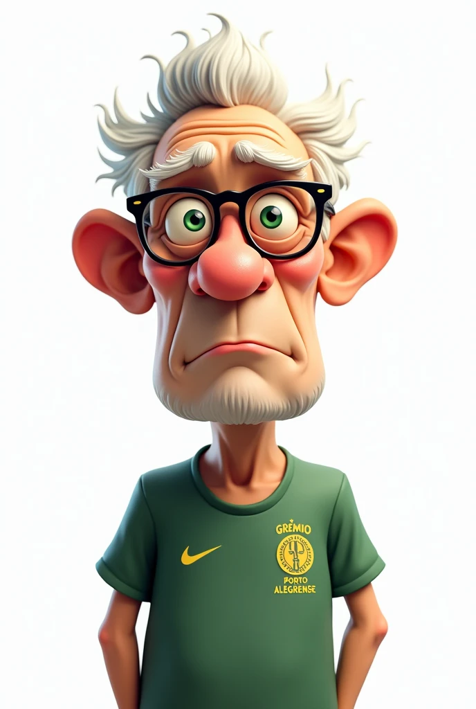 elderly man with green eyes, full body seen from afar, short white hair, no beard long, wearing glasses, Grêmio Foot-Ball Porto Alegrense shirt, white background, cartoon
