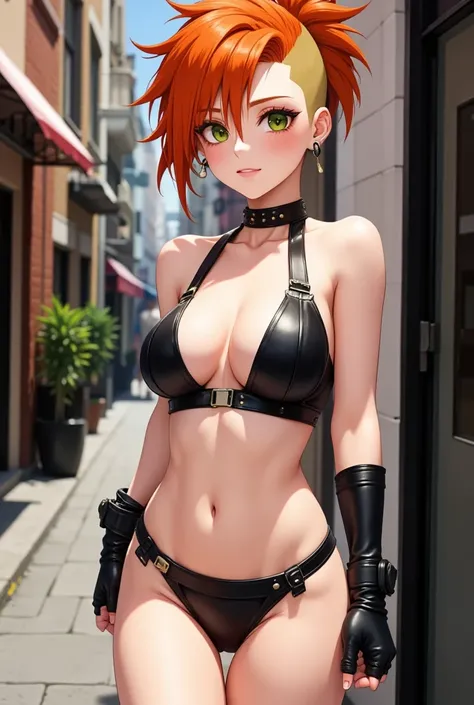 Black Widow, anime style, red hair cut from the sides, with a long curl, big breasts and wide hips, wearing a bikini