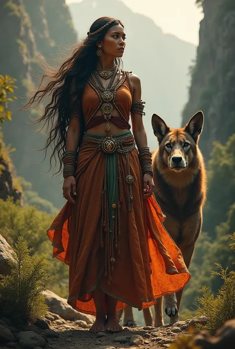 Inka woman with wild animal behind
