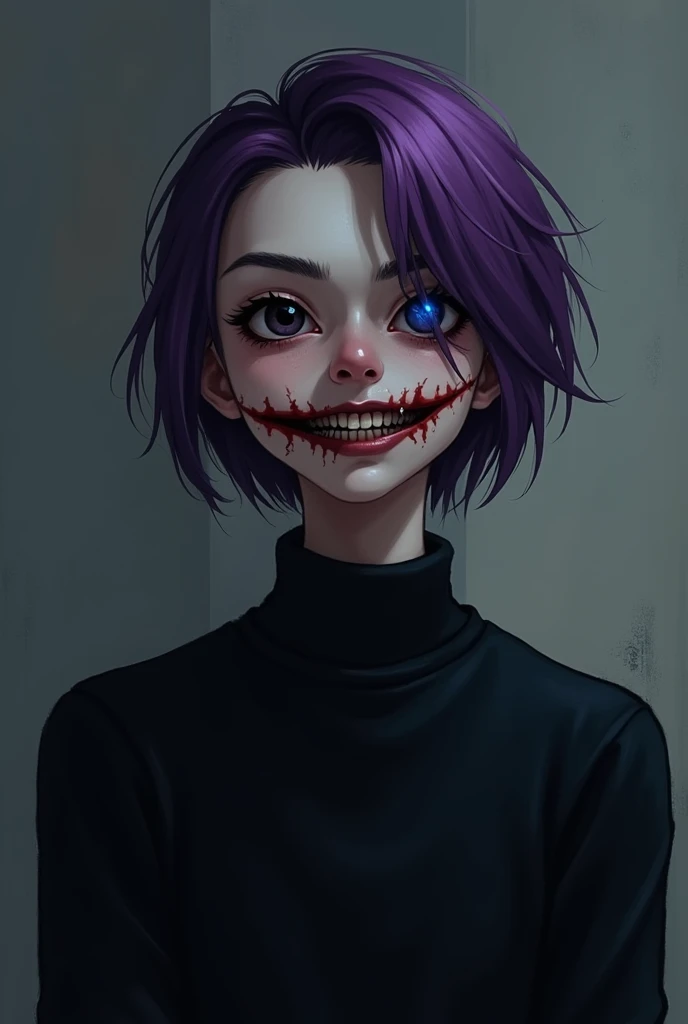 She has short hair at the base of her shoulders and has purple highlights
. 
He is tall thin and pale . 
 has a cut in his mouth like a smile on his lips until  "ear" ( made by a murderer named Jeff the killer ). 
 his eyes are black wrapped around him he ...