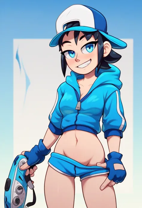 score_9, score_8_up, score_7_up, source_anime, best quality, clear face,fast skinny skate girl,black hair, blue eyes, medium hair, medium breasts, perfect body, standing, slight smile,blue mini shorts, indoor, pose,cool,simple design,cute, thick legs, hat ...