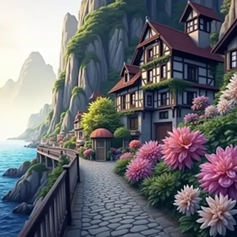  A Big City by the Ocean, mountains in the background,  colorful floral flowers ,  detailed landscape style, beautiful Weather ,  atmospheric lighting, scorching sunset,  warm colors , practical, complex buildings, cobblestone street, charming country hous...