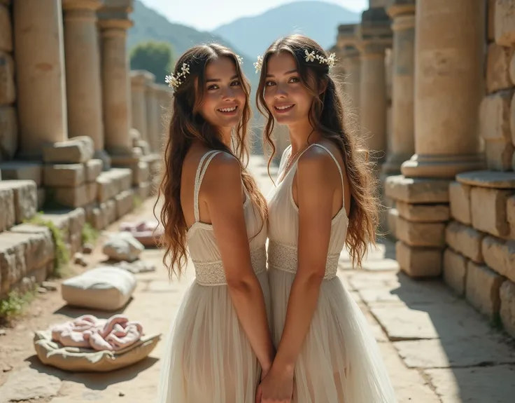 Two female college students sightseeing at the ruins of the ancient city changed into goddess cosplay for a photo shoot, wearing only a simple thin gauze dress and hair accessories, took off their modern shoes and underwear and placed them on the ground al...