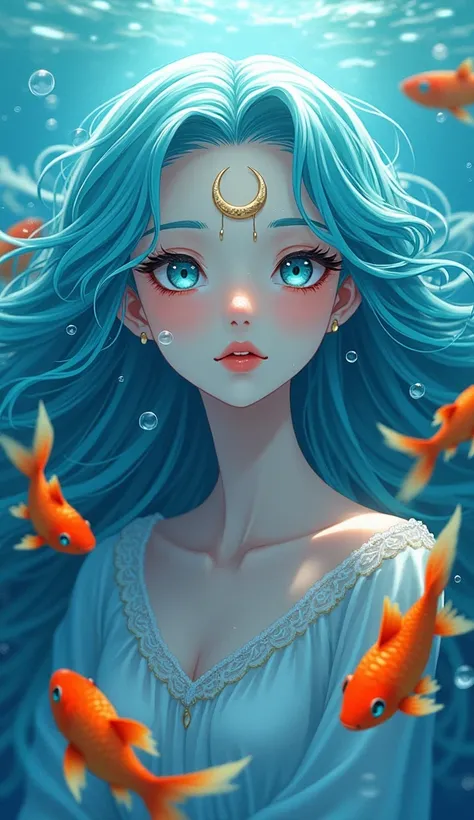 A mysterious underwater goddess with flowing blue hair that seamlessly blends with the surrounding water. Her ethereal face, adorned with glowing cyan eyes and a soft blush on her cheeks, radiates an otherworldly beauty. A crescent-shaped ornament graces h...