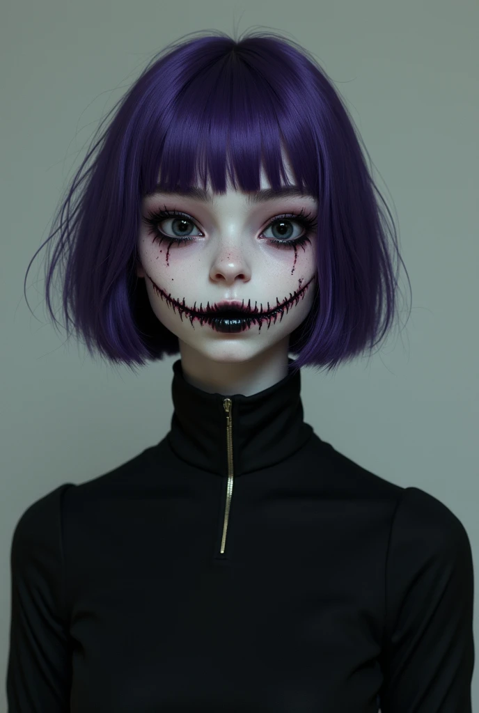 The male gender. She has short hair at the base of her shoulders and has purple highlights. 
He is tall thin and pale . 
 has a cut in his mouth like a smile on his lips until  "ear" ( made by a murderer named Jeff the killer ). 
 his eyes are black wrappe...