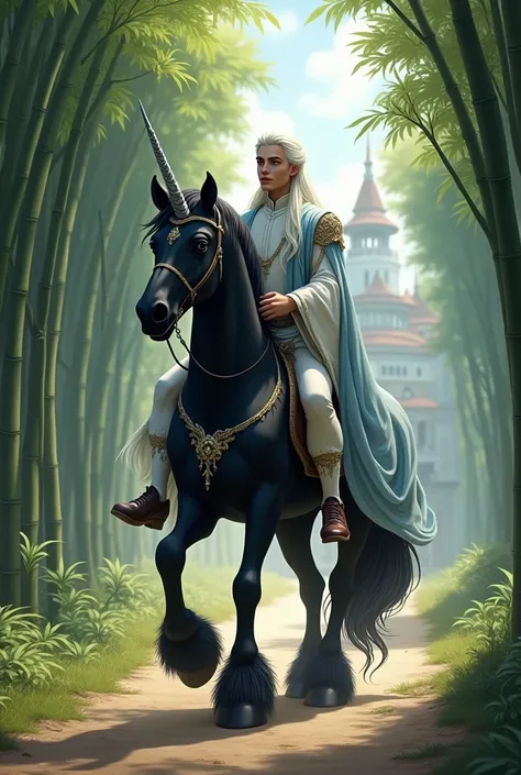 a beautiful black unicorn with a huge tail, long hair covering its hooves and a silver horn, is coming down a dirt road in the middle of the forest, on both sides bamboo trees, further behind it a castle, above the unicorn comes riding a beautiful young pr...