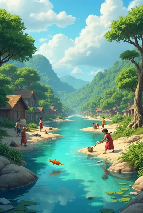  Background :  An area where the villagers work on the river bank .

 Characters : Leyla, village ren , Villagers .

Event :

 Layla tells the villagers that they should clean the river.

 ren take out garbage from the river .

 Villagers work together .  ...