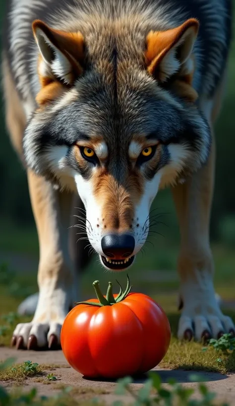  An ultra-realistic image of an angry wolf staring at a tomato . the wolf,  with thick and detailed fur ,  is in an attack position ,  with eyes intensely fixed on the tomato in front of it .  His expression is fierce and determined ,  with visible fangs a...