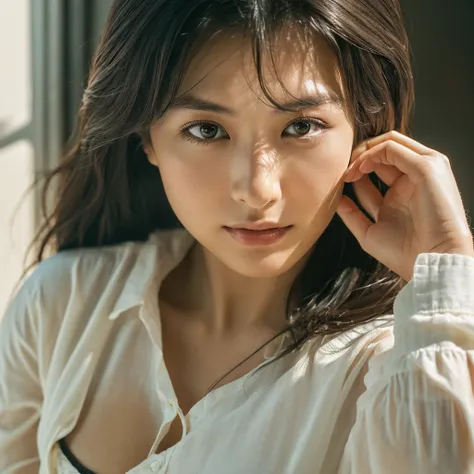 A hyper-realistic image of a single Japanese woman in her early 20s, captured in a professional model photoshoot with the nostalgic warmth and subtle graininess of a film camera. Her skin has a warm beige tone with a natural, slightly rough texture that in...