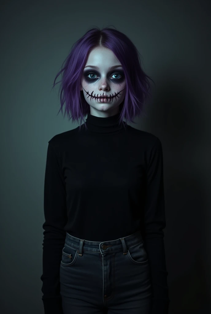 boy.
She has short hair at the base of her shoulders and has purple highlights. 
He is tall thin and pale . 
 has a cut in his mouth like a smile on his lips until  "ear" ( made by a murderer named Jeff the killer ). 
 his eyes are black wrapped around him...