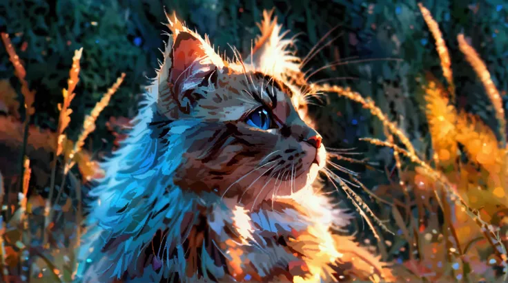  Norwegian Forest Cat Under Blue Sky、Landscape with grass 