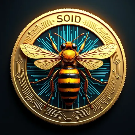 "A golden cryptocurrency coin featuring a realistic and futuristic bee at its center. The bee has a sleek design with bright gold and black stripes, metallic golden wings with delicate vein patterns, and a high-tech look. The coin has a glowing blue digita...