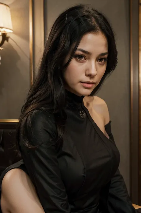 Beautiful Black-haired Woman , Ultra-realistic Yor Briar, amber eyes, very beautiful, black sexy clothes, blushed and innocent face ,Yor from Spy X Family ,  Game of Thrones character ,  anime brought to real life, Luxury hotel lounge.,  female anime chara...