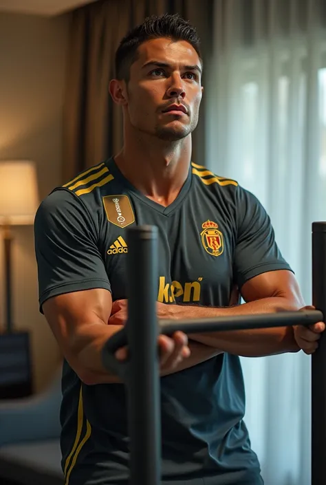 Cristiano Ronaldo is in a hotel and is wearing his teams jersey. Ronaldos belly has become very fat. Started exercise with mechine in gym .Real 4K picture. Realistic Cristiano Ronaldo face