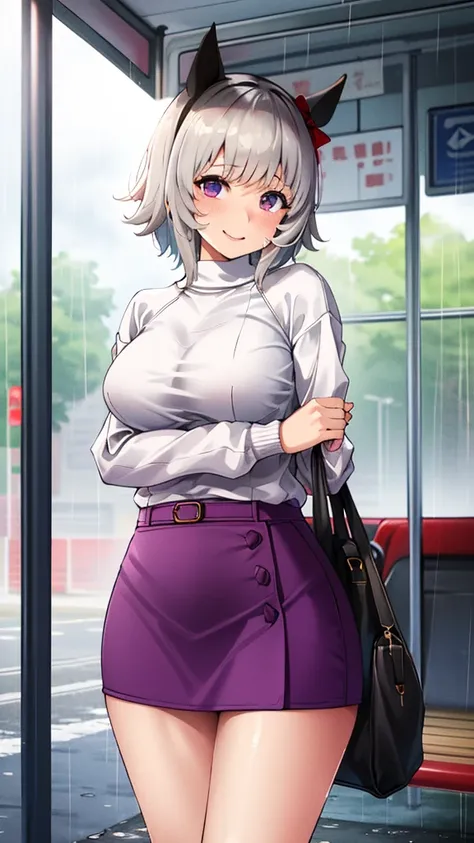 smile.Clothes: (Tight sweater), ((Tight mini skirt)). Location: (Under the roof of the bus stop).(its raining).My body and face are a little wet from the rain.(()).((Anatomically correct)), (Highly detailed), (Ultra HD), (Highest quality), (High resolution...