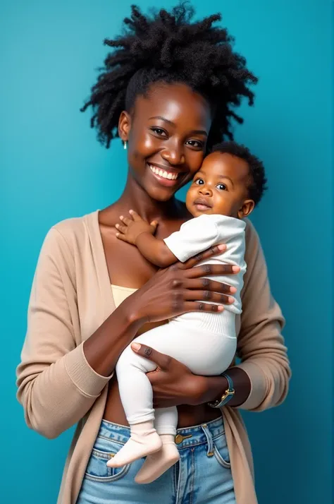 A flyer for an African nanny recruitment agency in France. The design is modern with a vibrant blue background and white text. Theres a photo of a smiling African woman holding a white baby. Below the photo, theres a white rectangle with the text "Postulez...