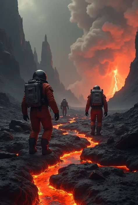 Astronauts crash their ship onto an unknown dark planet with landscapes of burning lava