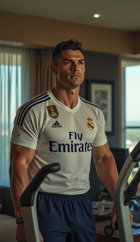 Cristiano Ronaldo is in a hotel and is wearing his teams jersey. Ronaldos belly has become very fat. Started exercise with mechine in gym .Real 4K picture. Realistic Cristiano Ronaldo face