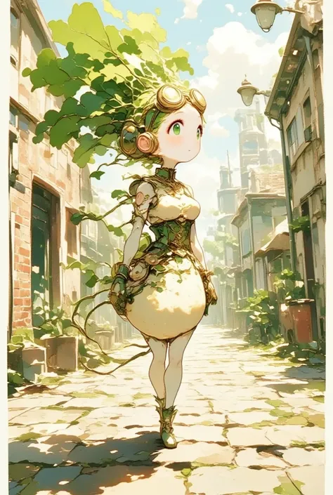 1980s Animation style, A daikon lady in steam punk costume is walking down the cobblestone pavement on a sunny day.