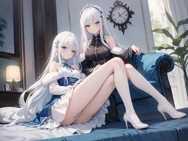 A modern living room ，Two girls。
 One is wearing a blue and white off-the-shoulder pleated skirt ，Match it with white stockings，Blue heels and white gloves ， Angel with long golden hair 。
 One is wearing a white over-the-knee dress with a high collar with ...