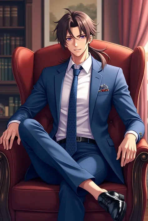  anime man smiling handsome sexy purple eyes long brown hair tied up in a low ponytail formal blue pants formal white shirt long blue tie black shoes formal blue jacket formal blue jacket, in his office reading a book sitting on his office sofa full body ,...