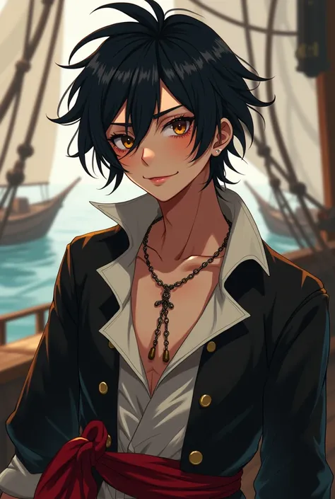 (realistic anime)  describe a handsome effeminate boy about 20 years old with more rustic features and a cheeky smile,  with long, messy black hair wearing a black pirate outfit, Female red and white  