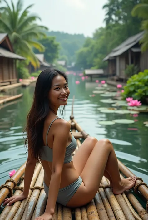  Rich detail ,  supreme clarity , realistic,  on a bamboo raft flowing in a natural river ,  a Malaysia-girl Korean-Japanese 20-year-old wearing a tank top ,  big and sexy round breasts ,  long hair ,  smiling,  singing happily  ., Looking at the atmospher...