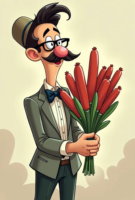 Cartoon of Professor Jirafales wearing a hat and holding a bouquet of sausages