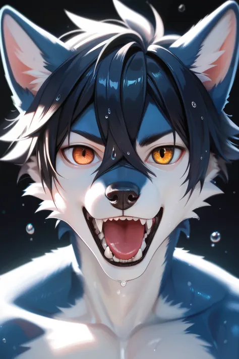 Anthropomorphic male furry wolf, blue fur skin, white fur skin, slender body, shiny skin, (looking at viewer, correct eyes), Solo, High Resolution, Short Hair, Black Hair, Animal Ears, Hair Between Eyes, Blurry, Wolf Ears, Best Quality, Anatomically Correc...