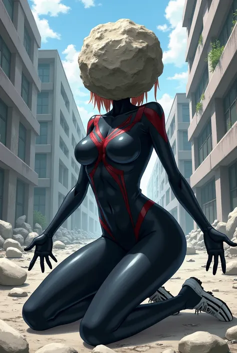 girl, anime,  Dressed as Spiderwoman in black , Black suit,  a big rock replaces her head  , kneeling, with outstretched hands, Arms outstretched,  The big rock completely replaces your head ,  your head is not visible because the Graden rock completely re...