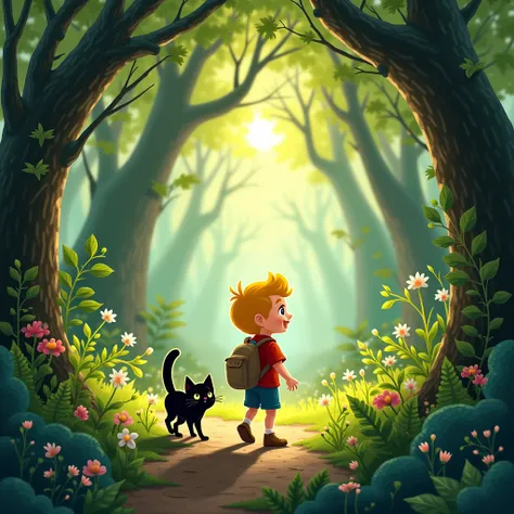 a boy with yellow hair and a small black cat led the way through the branches in the middle of the forest