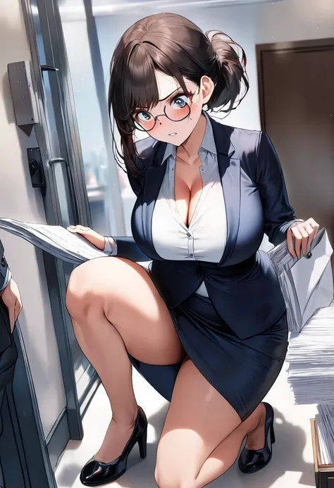 ((   best quality)), (( Masterpiece)), (    Details), (  1 Anime Girl   ),   sexy,   9 with dark hair and big breasts ０CM OL  , ((Big droopy eyes)),  short ponytail ,    young woman,  OL and round glasses  , (((  woman standing in office  ))) , (   woman i...