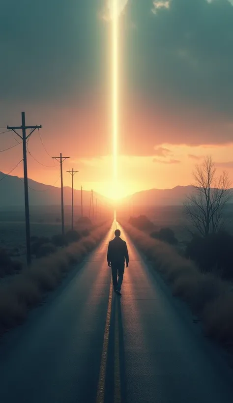 " A long, deserted road at dusk , with a figure walking alone, as a beam of light from the sky connects to it, symbolizing the presence of god.