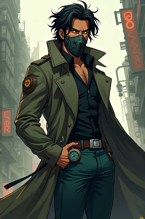 ChatGPT You said:
Create a male character 
Description :

24 years
Black hair
Green eyes 
Brown skin
Big hair banging on the shoulder
Shallow beard
A trench coat with an inventors paraphernalia,  the overcoat goes up to form a hood
And on his face he wears...