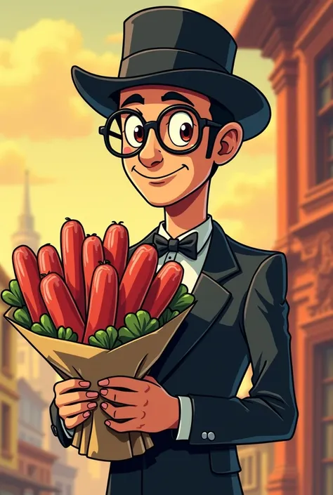  Cartoon of Professor Jirafales with a black hat, without glasses and with a bouquet of sausages 