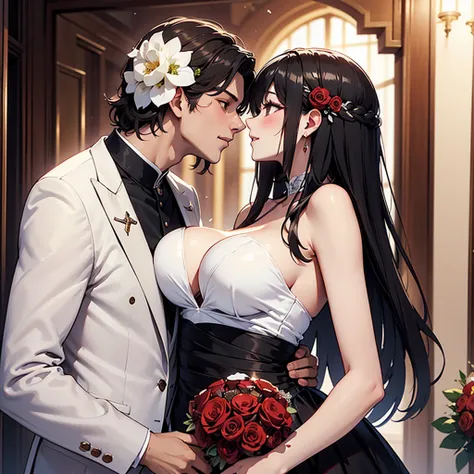  Wedding、Wedding for 2 people 、Kiss scene 、profile、The man has short hair and dark mocha brown hair color 、Women have long black hair with flowing bangs, and their hair color is black with crimson hair mesh、 the bride has a bouquet of 11 crimson roses 、 th...