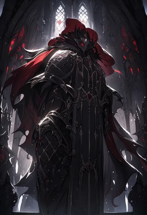 Vampire Lord, black armor, red cloak, cinematic lighting, highly detailed face, intricate details, epic fantasy, dramatic shadows, 8k, best quality, masterpiece, professional, Cathedral setting 