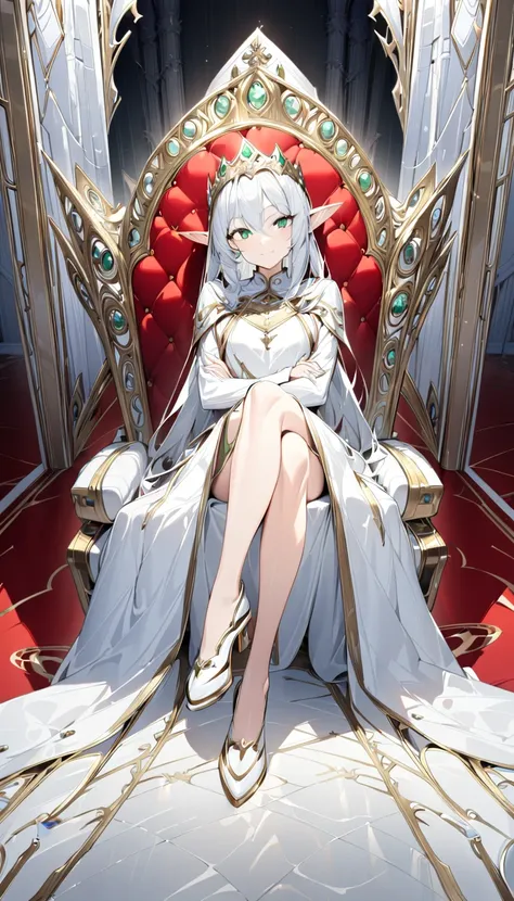 girl masterpiece, best quality, high resolution, elf girl, green eyes, elf ears, wearing white armored dress, wearing kings crown, sitting on the kings chair, leaning back, red and gold chair, crossing each hands, crossing legs, dignified, light smile, loo...