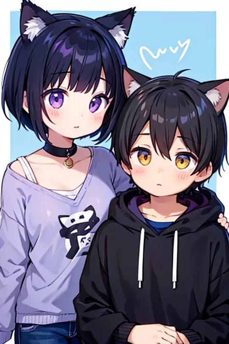 Create 2 characters . A boy does he have wolf ears black hair,  and a girl she has cat ears,  her hair is short purple. 