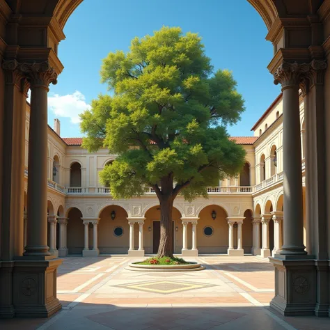 Early Renaissance-style image, of beautiful courtyard with a tree and blue sky