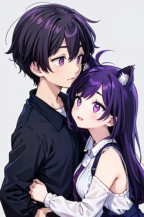 Create 2 characters . A boy does he have wolf ears black hair,  and a girl she has cat ears,  her hair is short purple. 