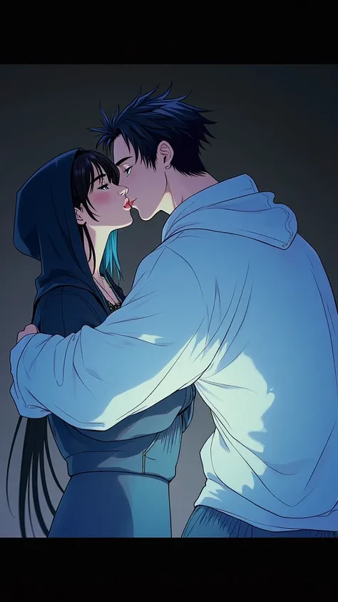 Man dressed in oversized style with short hair shaved at the sides of his hair giving a kiss to a beautiful woman wearing a black hoodie in a lace sacket 