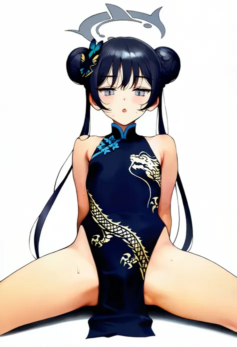 1girl, {{ kisaki (blue archive)}}, {{{Artist: minaba Hideo}}}, [Artist: Shirabi], [Artist: ame (uten cancel)], beitemian, 《black_dress black_hair breasts butterfly_hair_ornament china_dress chinese_clothes double_bun dragon_print dress grey_eyes hair_bun h...