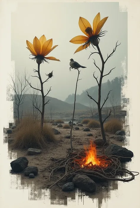  Make me a collage of different images that represent natural contamination of dying plants(but dont make the planta that good looking), Dry Lands ,  volcanoes and that stuff and whose main color is gray .  That the images do not look like a single photo b...