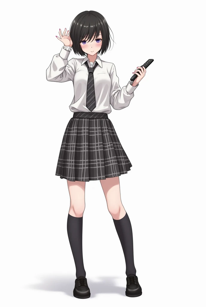 Teenage woman with black and short hair and with white anime watch and pink nails with schoolboy long-sleeved white shirt and plaid tie in dark gray and white and plaid pleated skirt in combination of dark gray and white colors, following a uniform pattern...