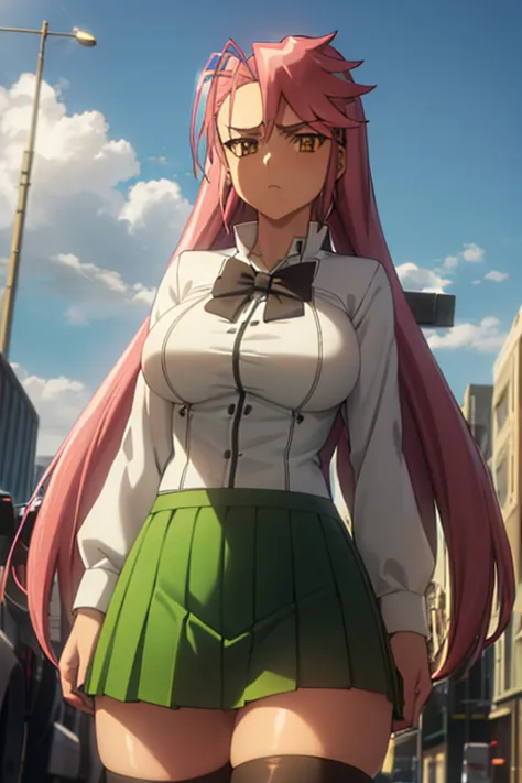 1 , alone, saya takagi,  long hair, hair, two braids, ( brown eyes : 1.3), hair hair, pink hair, cups, pleated green skirt, knee...