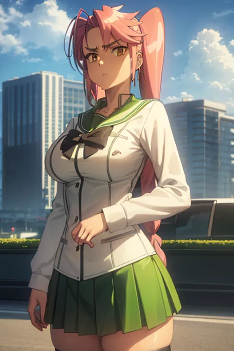 1 , alone, saya takagi,  long hair, hair, two braids, ( brown eyes : 1.3), hair hair, pink hair, cups, pleated green skirt, knee...