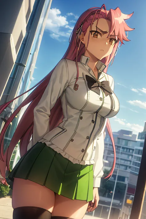 1 , alone, saya takagi,  long hair, hair, two braids, ( brown eyes : 1.3), hair hair, pink hair, cups, pleated green skirt, knee...