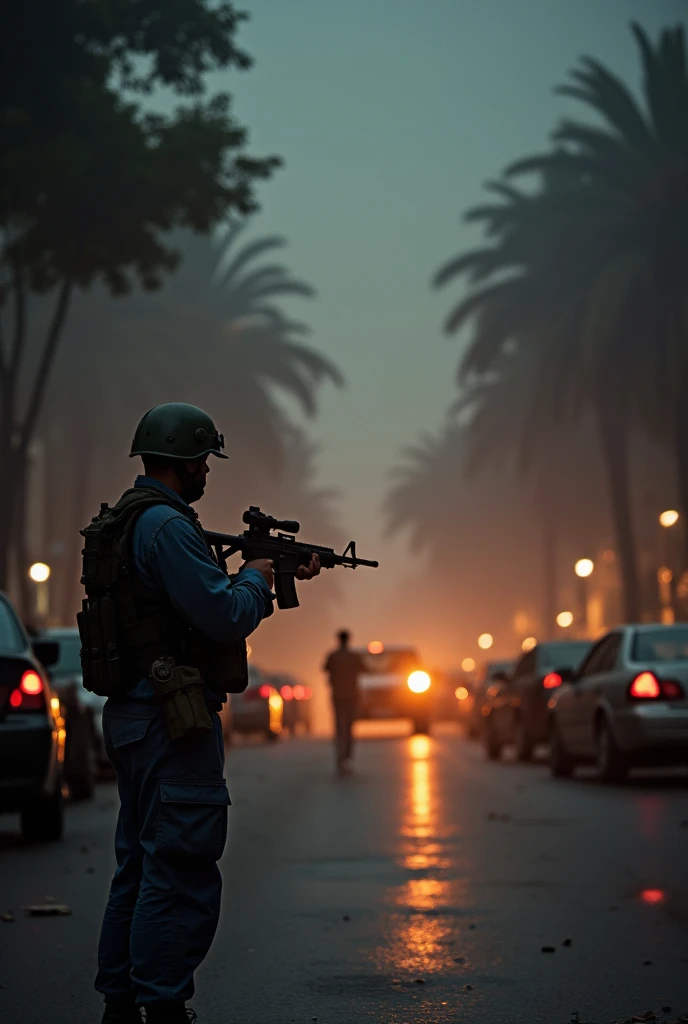 Generate an AI picture where a Pakistani soldier is clearly standing in a dark street, firing at the public, and people are abandoning their cars and running in different directions.
